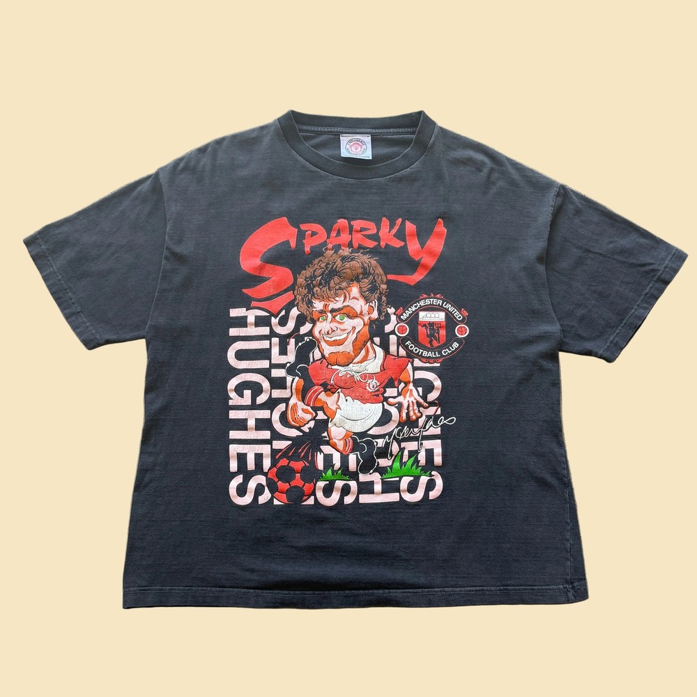 Vintage Manchester United Mark Sparky Hughes 10 Caricature T-Shirt  Black XL